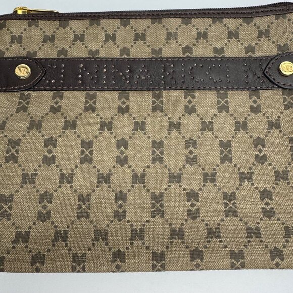 Nina Ricci Beige Brown Monogram Clutch Makeup Travel Bag Set of 2 Zipper Closure - Picture 3 of 13